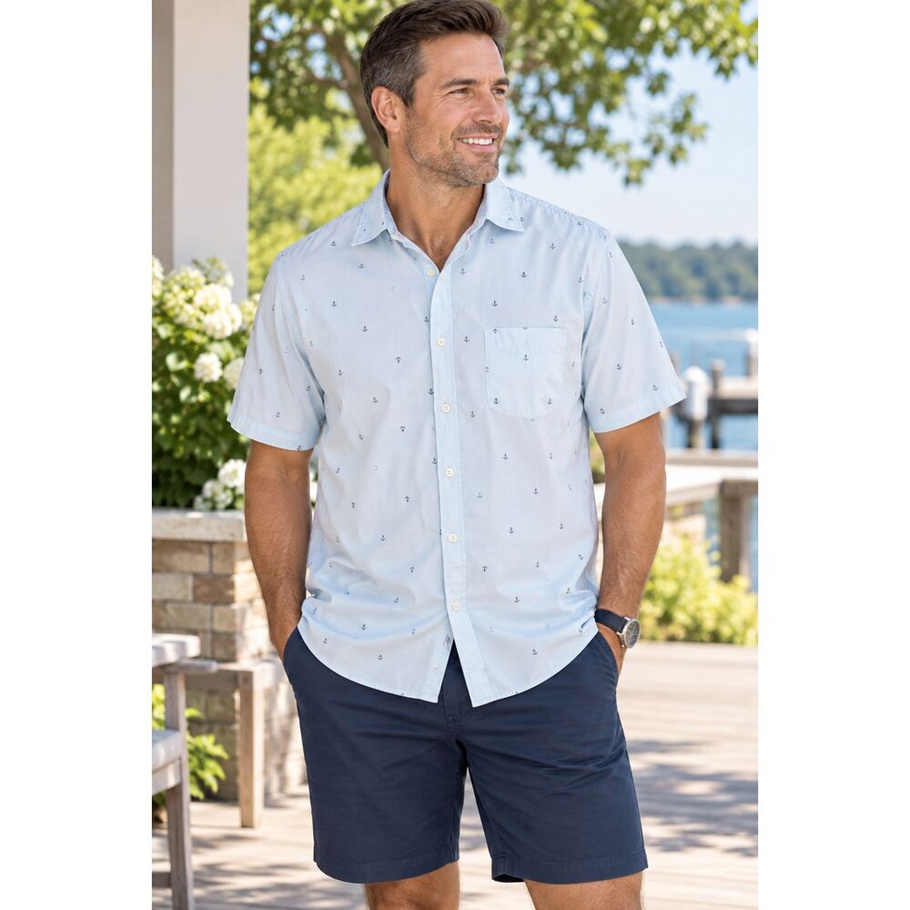 Old Navy Mens Size XL Everyday Shirt Anchor Print Blue Short Sleeve Button Down